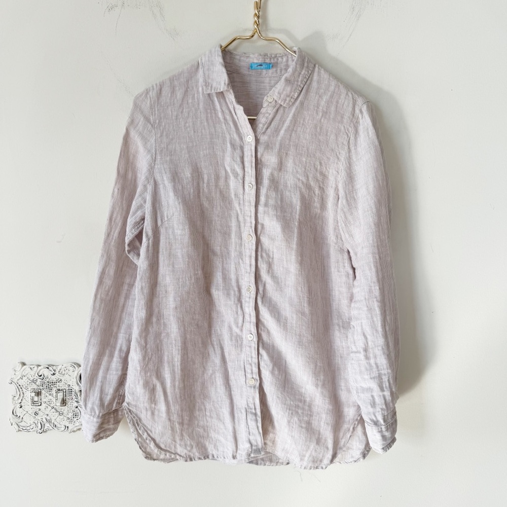 J. McLaughlin Tan and White Striped Britt Linen Button Down Shirt S - Picture 4 of 9